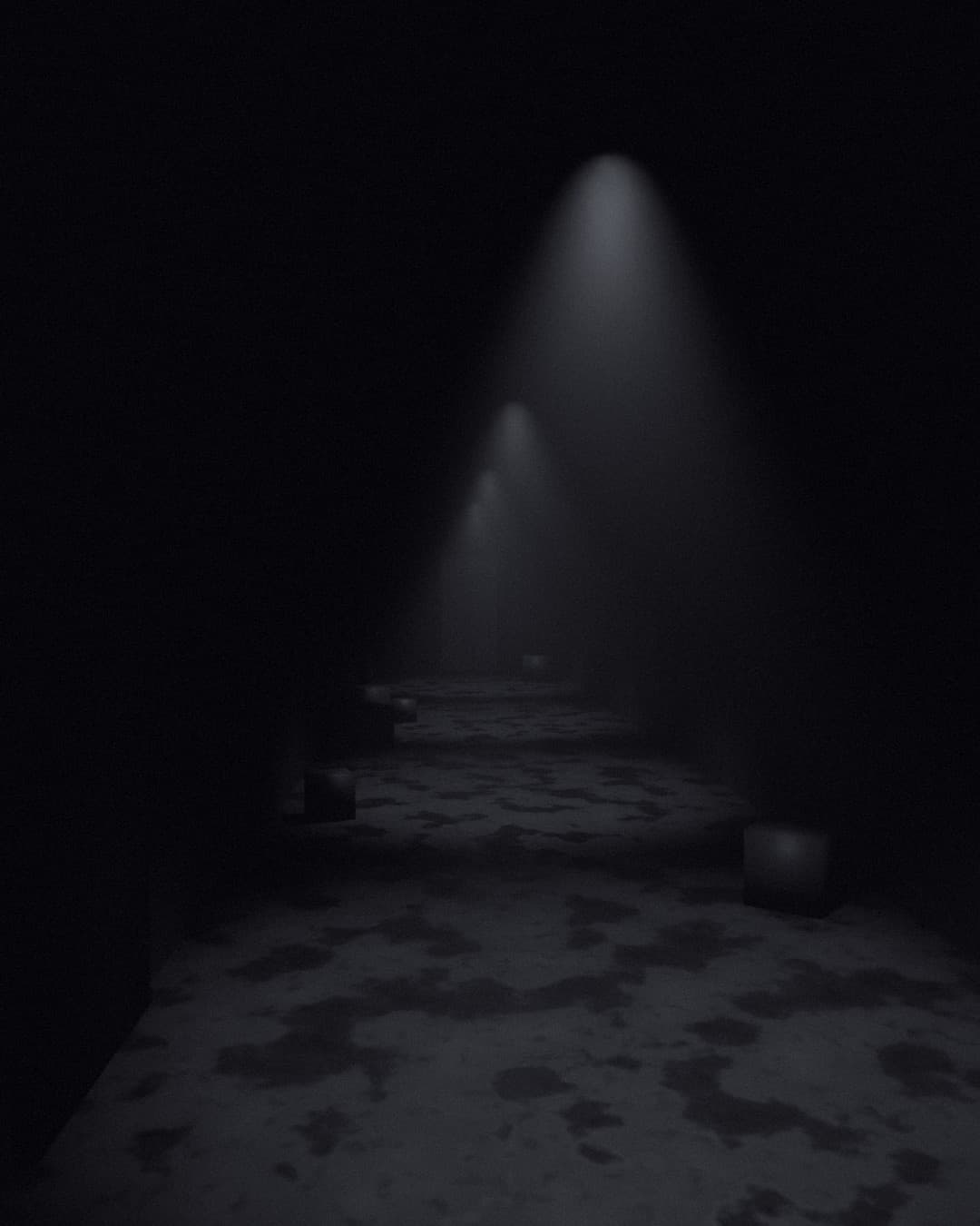 A dark corridor in ECHO-9, shown twice: the shared world, and one player's version of it.